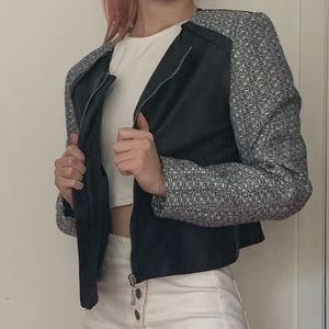 Clueless Style Navy Blue Leather & Tweed Jacket